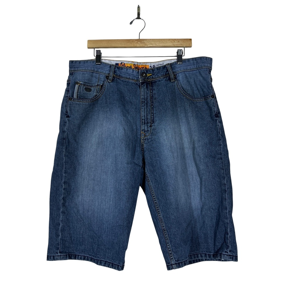 Pepe Jeans Rowan Loose Fit Solid Denim Shorts Blue Y2K Skater Baggy Size 38